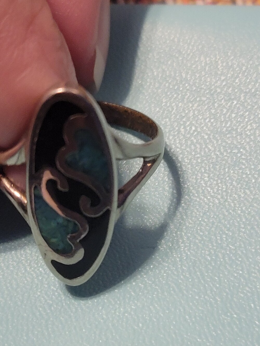VINTAGE Silver Turquoise Inlay Oval Statement Ring S8 - Picture 5 of 6